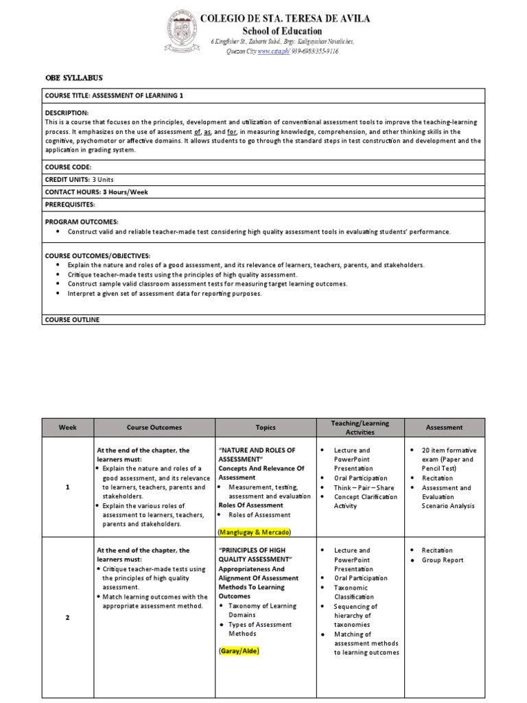 Revised Syllabus Assessment Of Learning 1 Pdf Educational