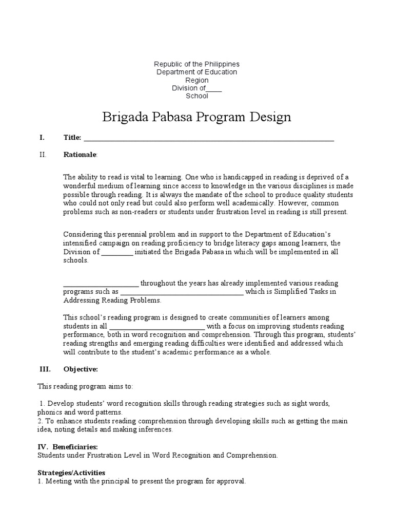 Brigada Pabasa Reading Program Design | PDF | Reading Comprehension ...