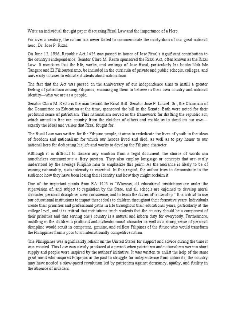 Importance of Rizal Law in Developing Nationalism and Patriotism PDF