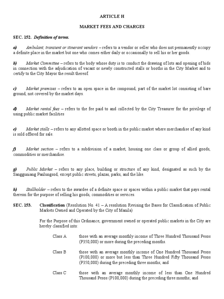 Article H Market Fees and Charges SEC. 152. Definition of Terms | PDF ...