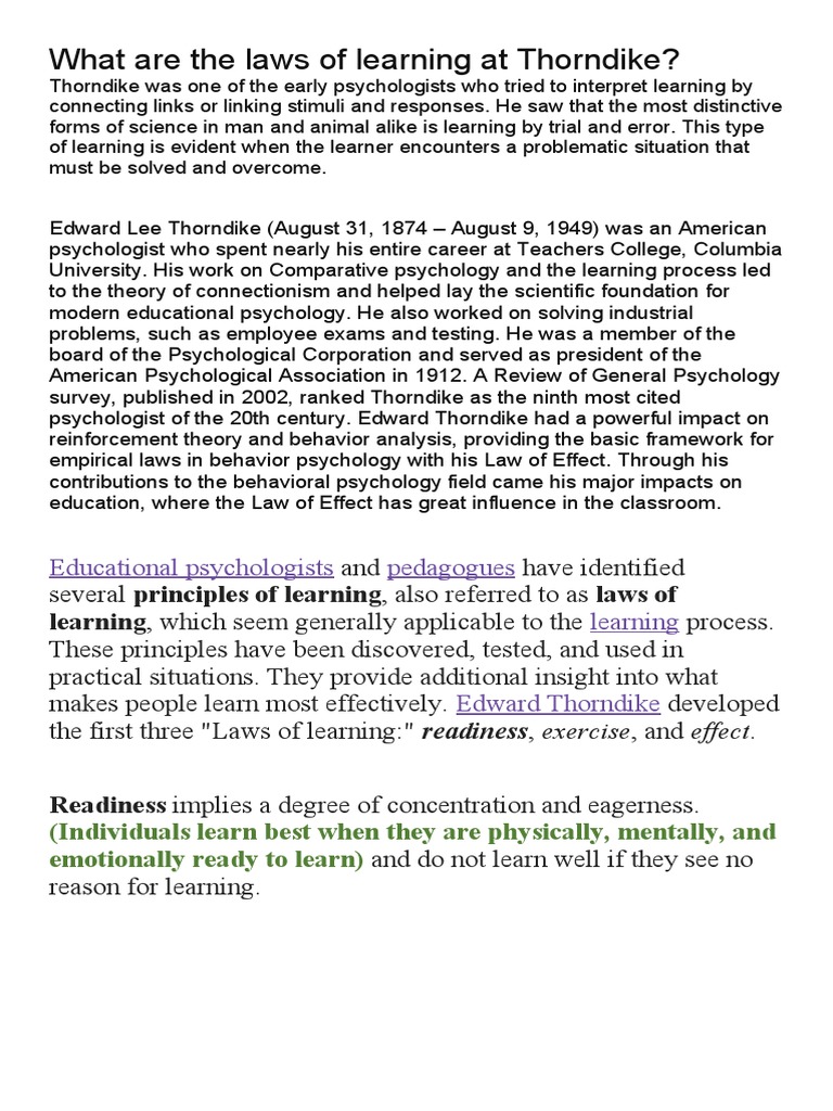 What Are The Laws of Learning at Thorndike? PDF Learning Styles