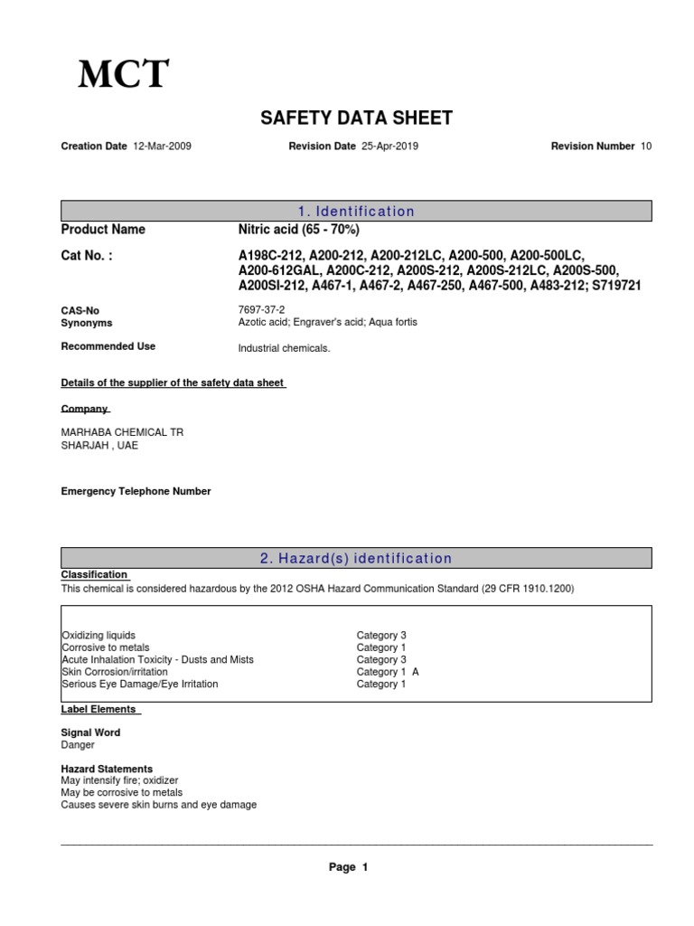 Nitric MSDS PDF Dangerous Goods Combustion