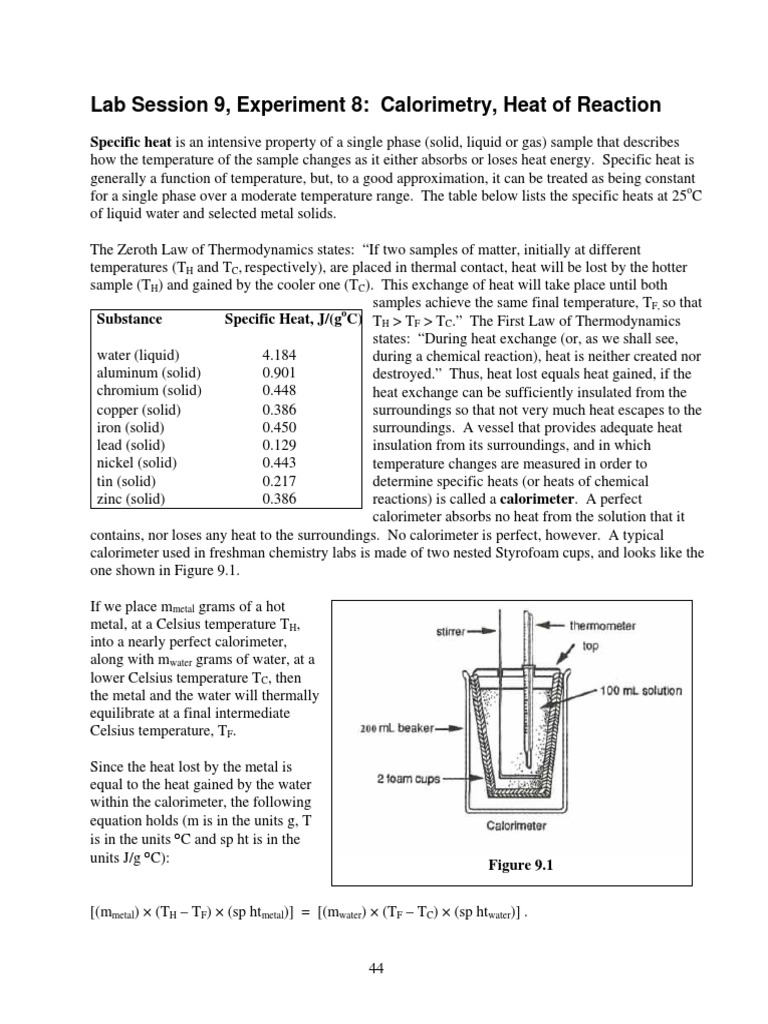 Lab Session 9, Experiment 8 Calorimetry, Heat of Reaction PDF Heat Solid