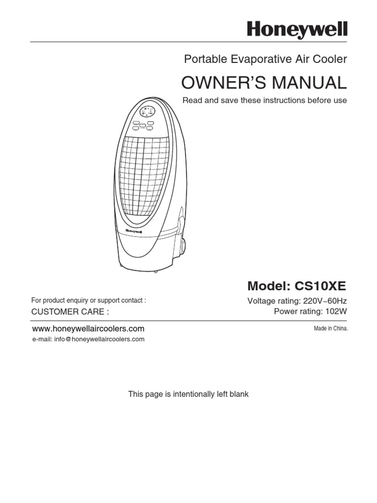 Honeywell CS10XE Evaporative Air Cooler English - Instructions - Manual