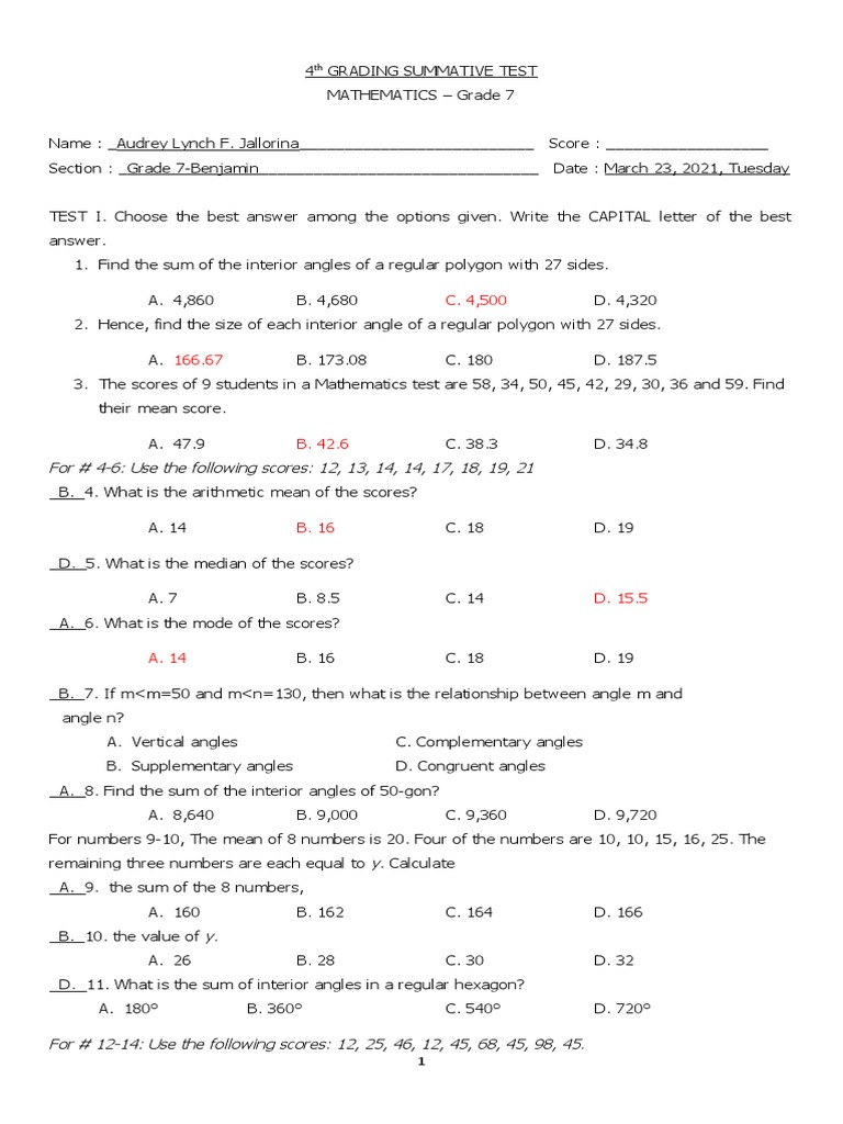 Grade 7 Math Summative Test Q4 | PDF | Rectangle | Mathematics