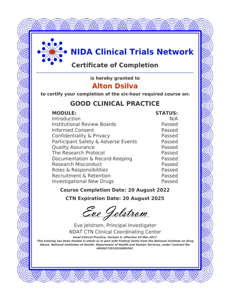 NIDA GCP Training Certificate for Alton Dsilva | PDF