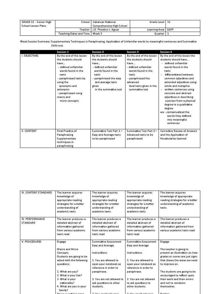 Grade 11 Lesson Plans for EAPP W3 S4 Week 3 Four Sessions Summative