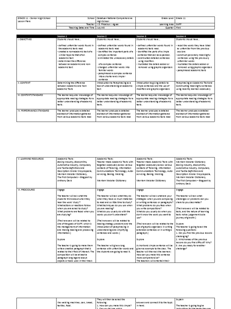 EAPP Lesson Plans for Grade 11 Students | PDF | Educational Assessment ...
