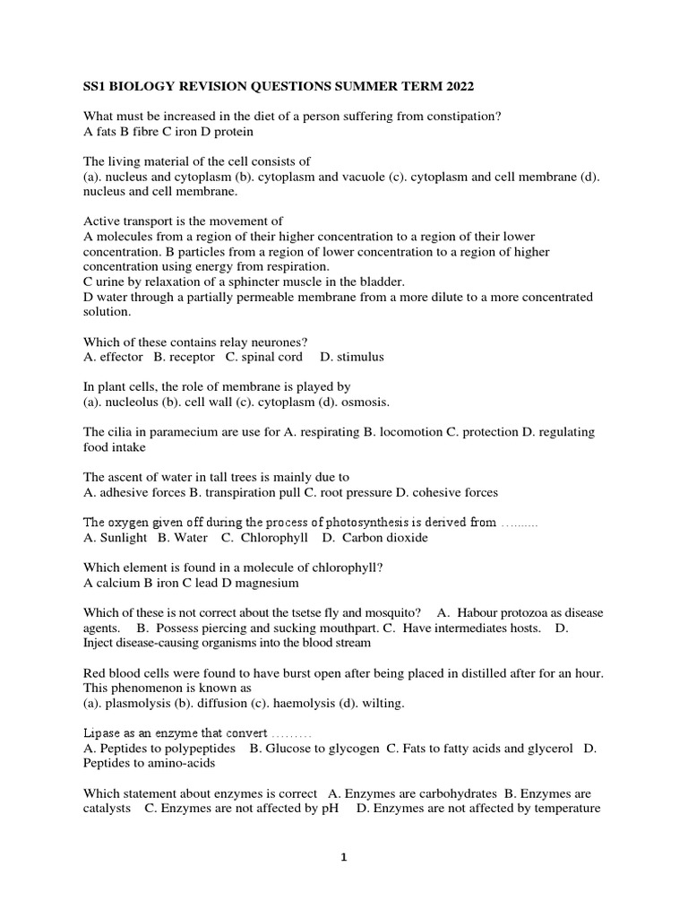 SS1 Biology Revison Questions Summer Term 2022 PDF Digestion Cell