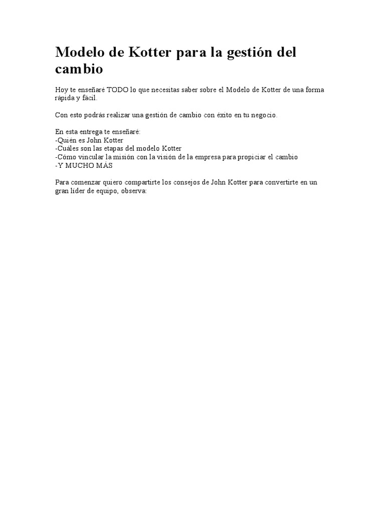Modelo de Kotter: Gestión del Cambio en 8 Pasos | PDF | Software | Business