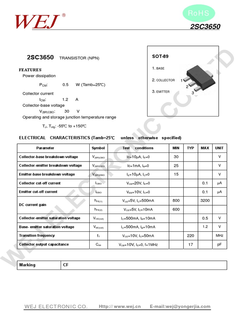 2SC3650 Transistor (NPN) Datasheet Key Electrical Characteristics and