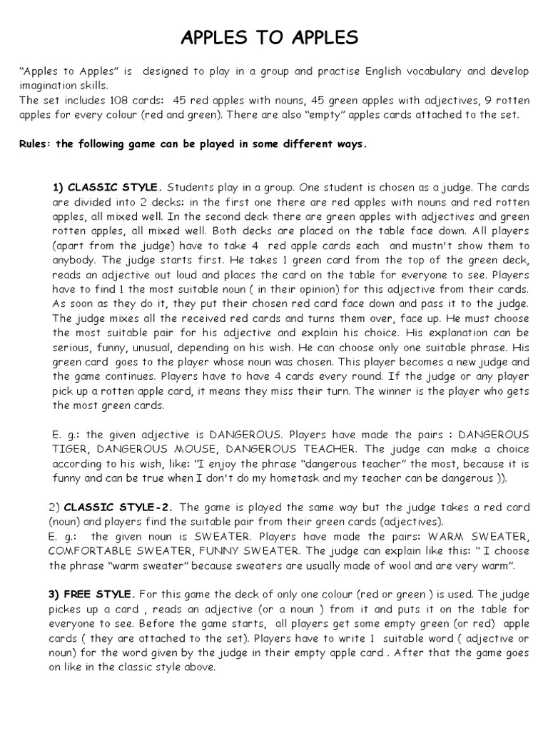 Apples To Apples PDF Adjective Noun