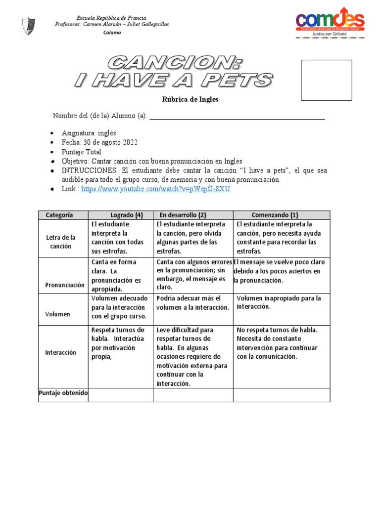 Rubrica Cancion Ingles PDF