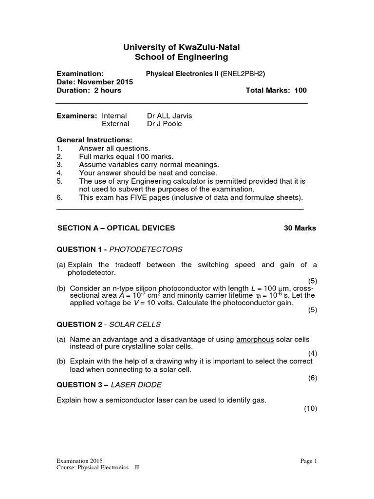 Physical Electronics II Exam 2015 | PDF | Mosfet | Field Effect Transistor