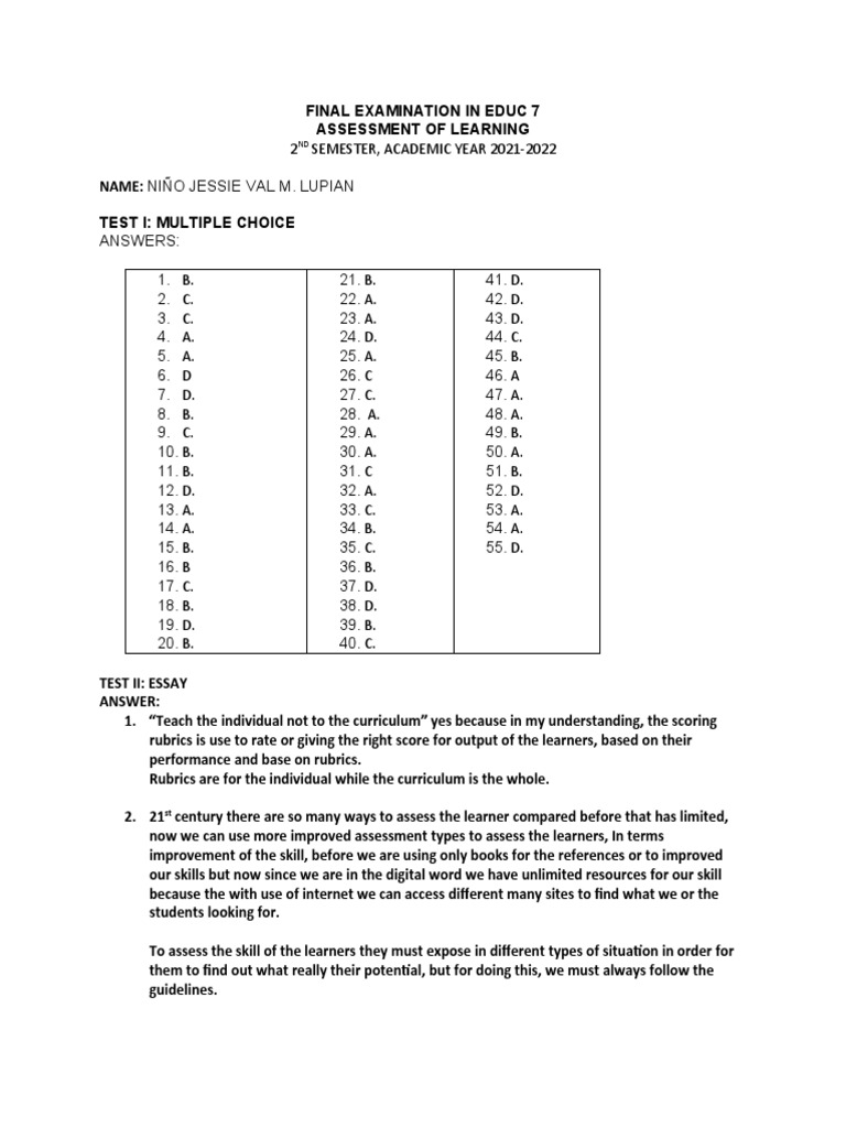 EDUC 7 Final Exam Assessment Guide | PDF | Educational Assessment ...