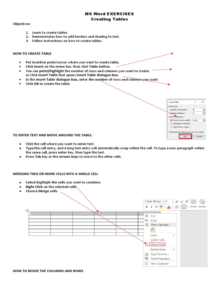 Ms Word Exercises Creating Tables: How To Create Table | PDF | Cursor ...
