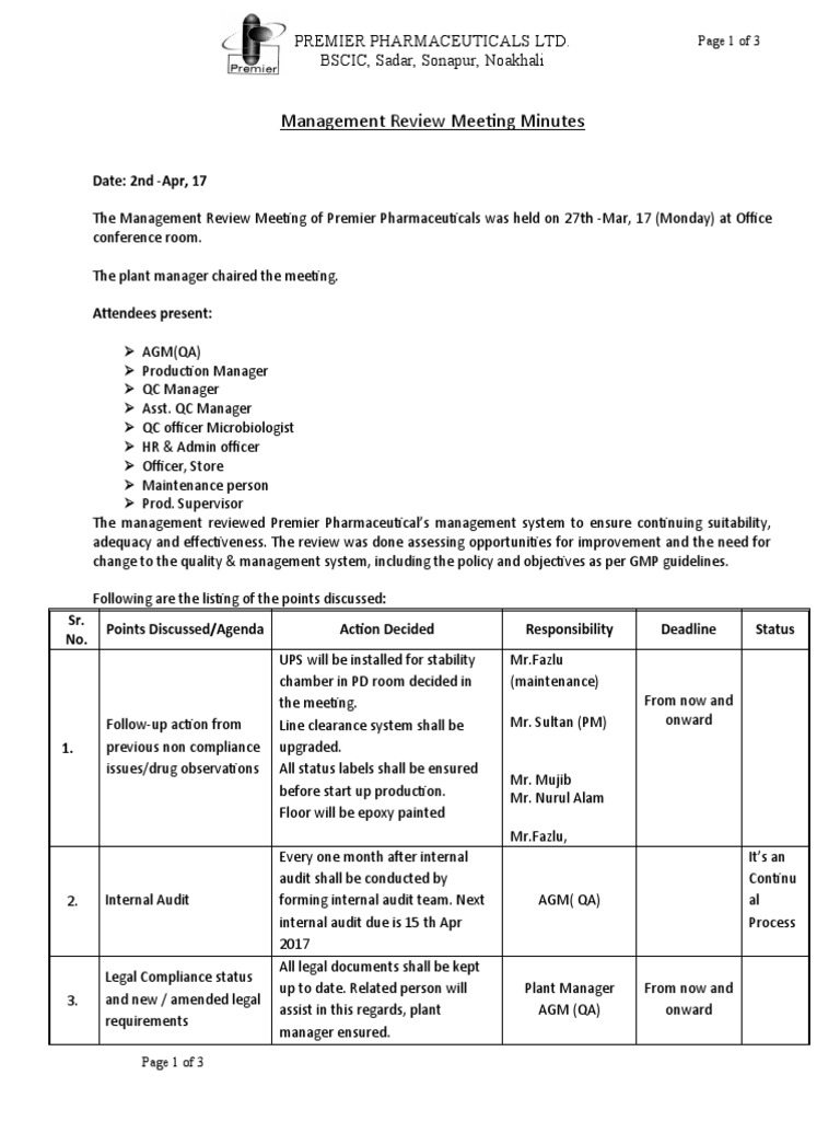 Minutes of Management Review Meeting Ok PDF Audit Health Sciences