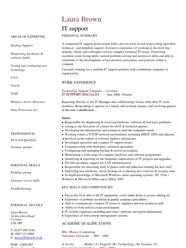 IT Support CV Template | PDF | Information Technology Management ...