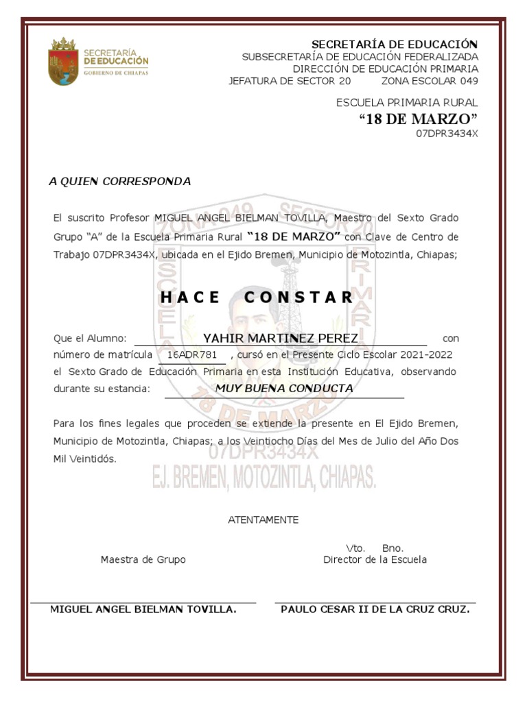 Carta de Conducta PDF Educación primaria Maestros