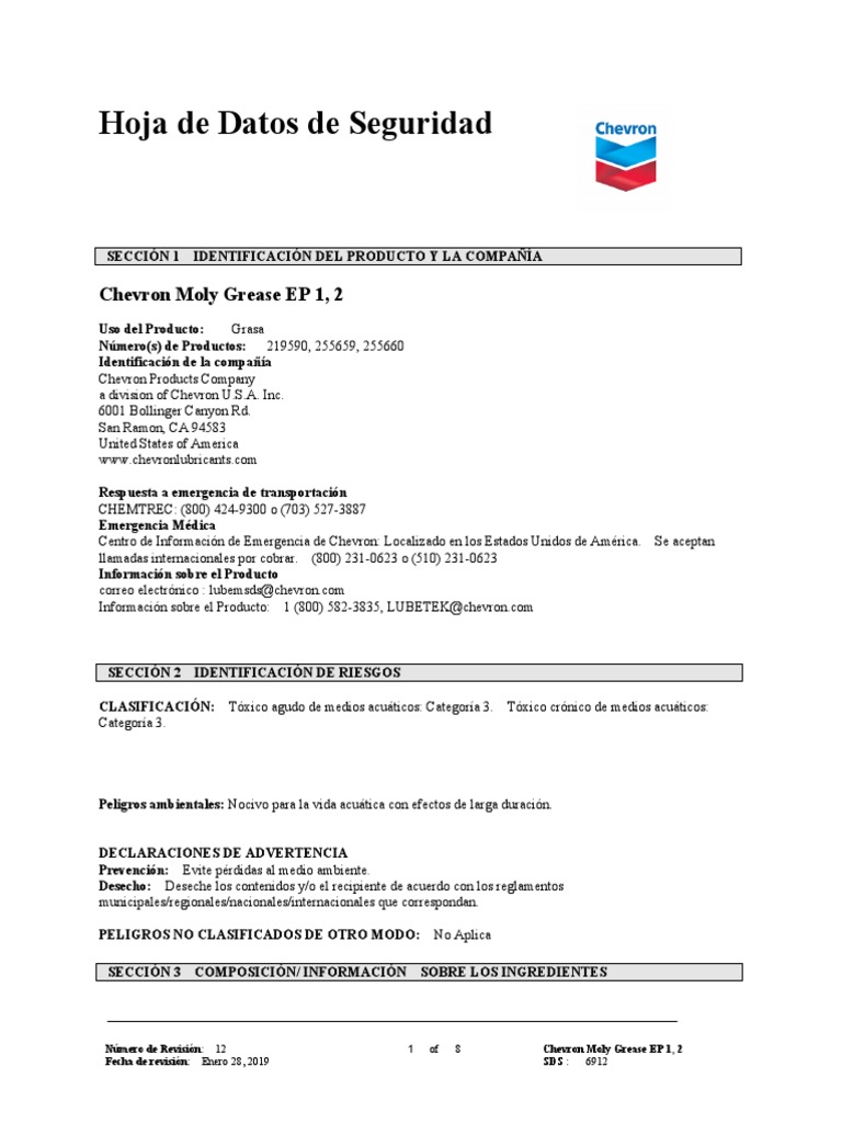 HojaDeSeguridad Chevron Moly Grease EP PDF Toxicidad Contaminación