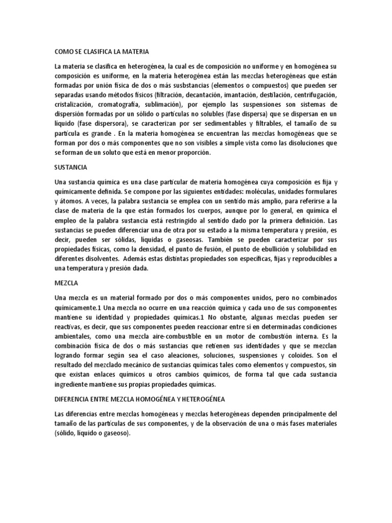 Como Se Clasifica La Materia | PDF | Mezcla | Sustancias químicas
