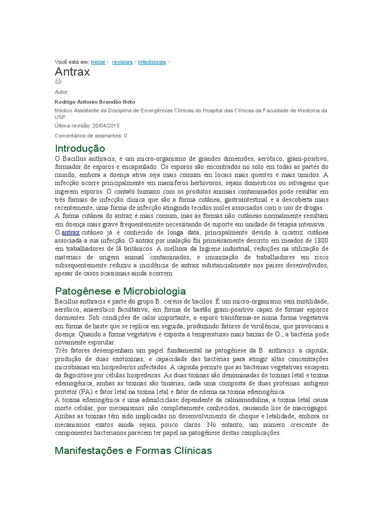 Antraz: Tipos, Sintomas e Tratamento | PDF | Antraz | Doenças e distúrbios