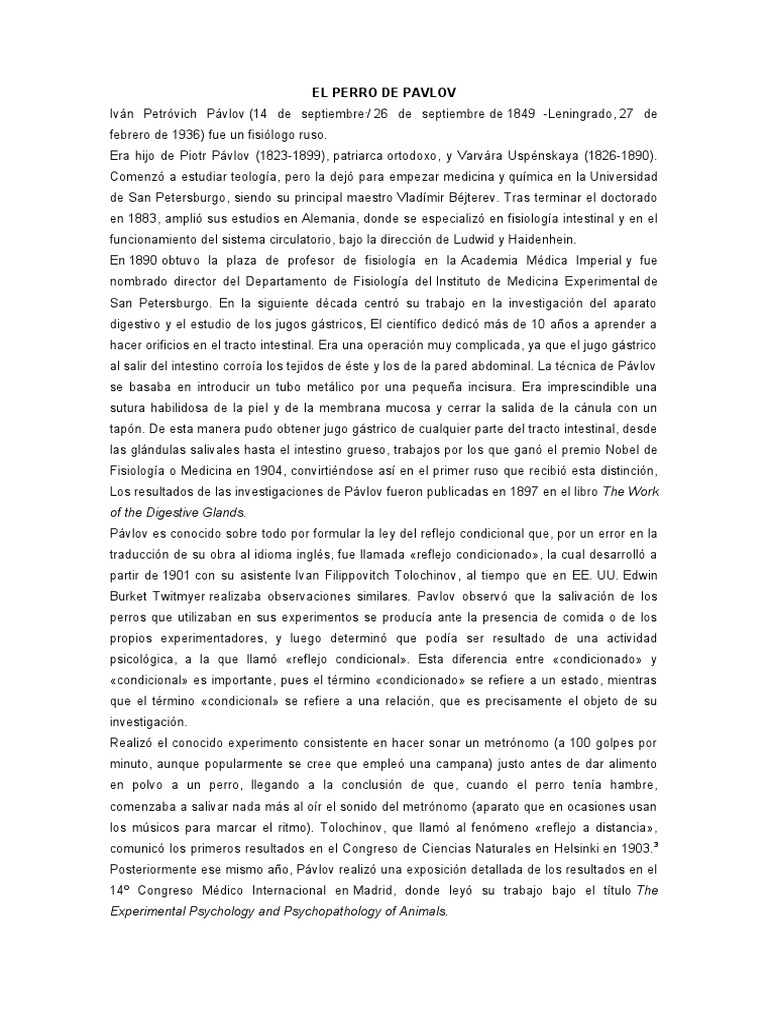 El Perro de Pavlov | PDF | Sicología | Conceptos psicologicos