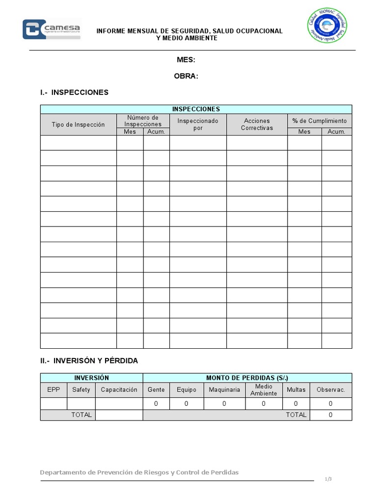 Modelo de Informe Mensual | PDF | Seguridad y salud ocupacional | Las ...