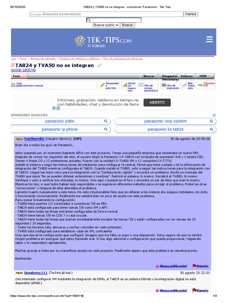 TA824 y TVA50 No Se Integran - Soluciones Panasonic - Tek-Tips | PDF ...