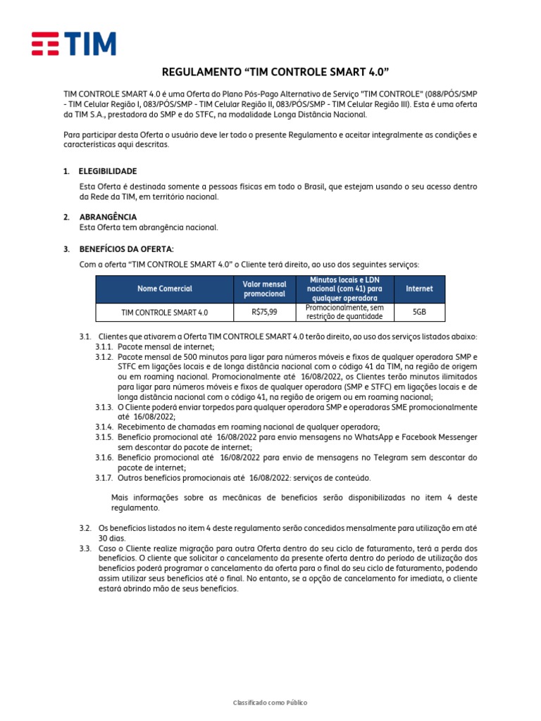 Regulamento TIM Controle Smart 4.0 | PDF | Internet | Aplicativo para ...