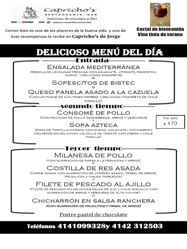 Menú del Día Delicioso en Capricho’s | PDF