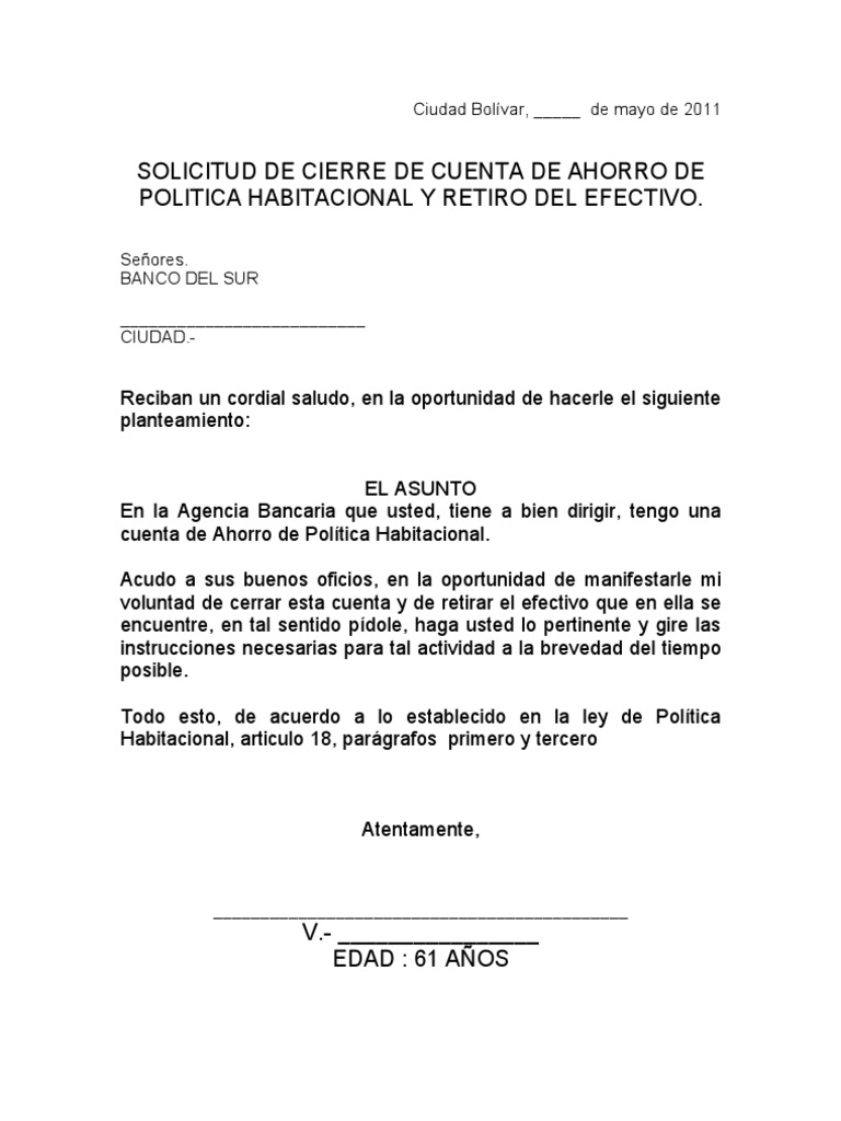 Formato y Modelo Para Retirar Ahorros de Politica Habitacional