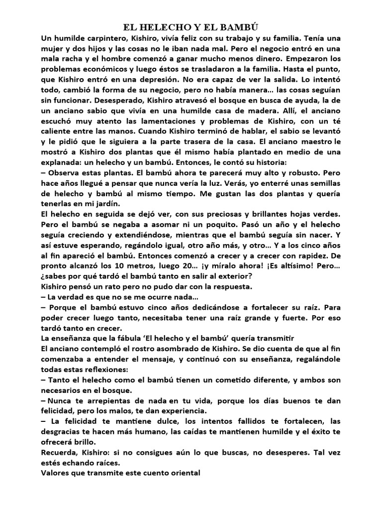La fábula del helecho y el bambú | PDF | Artes del Lenguaje y Comunicación