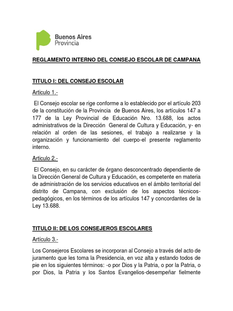 Reglamento del Consejo Escolar de Campana | PDF | Votación | Quórum