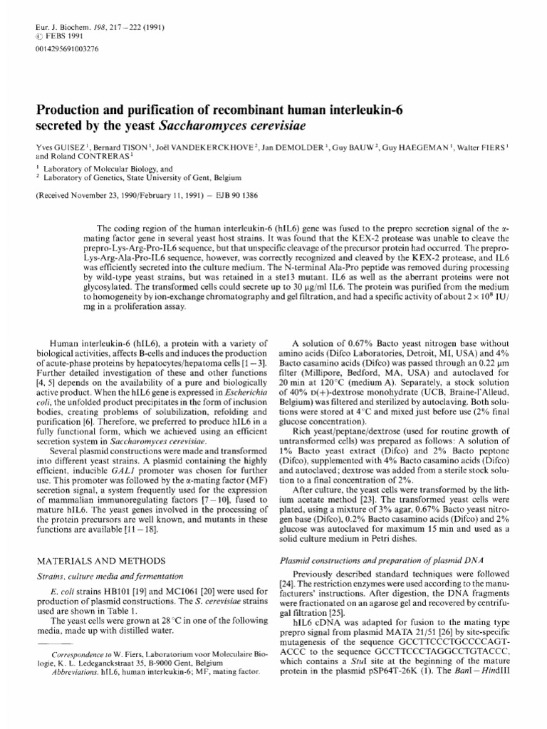 Production and Purification of Human Interleukin6 Secreted