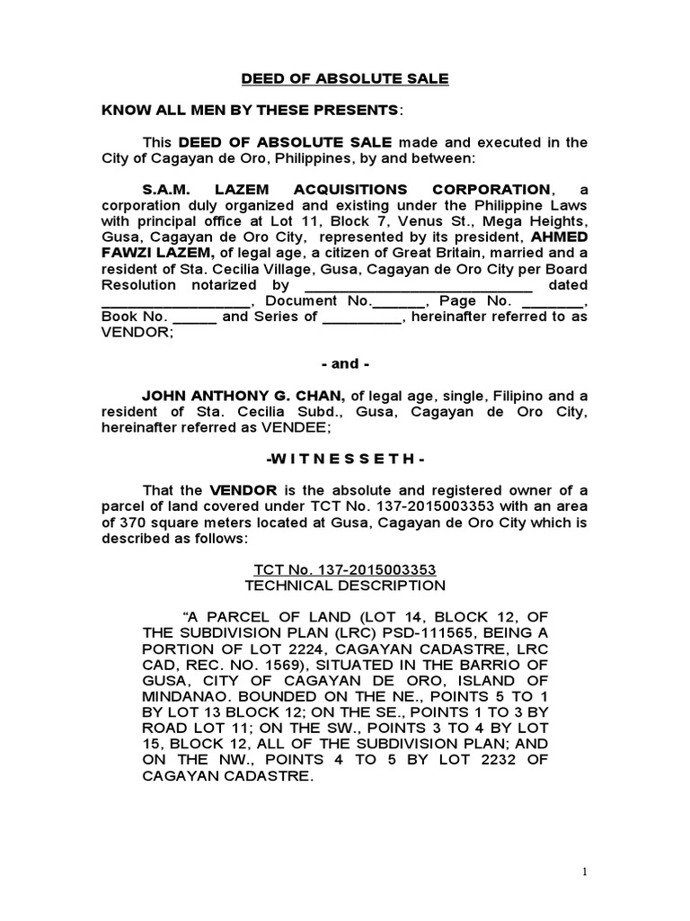 Deed of Absolute Sale-Sam Lazem Corp. | PDF | Environmental Law ...