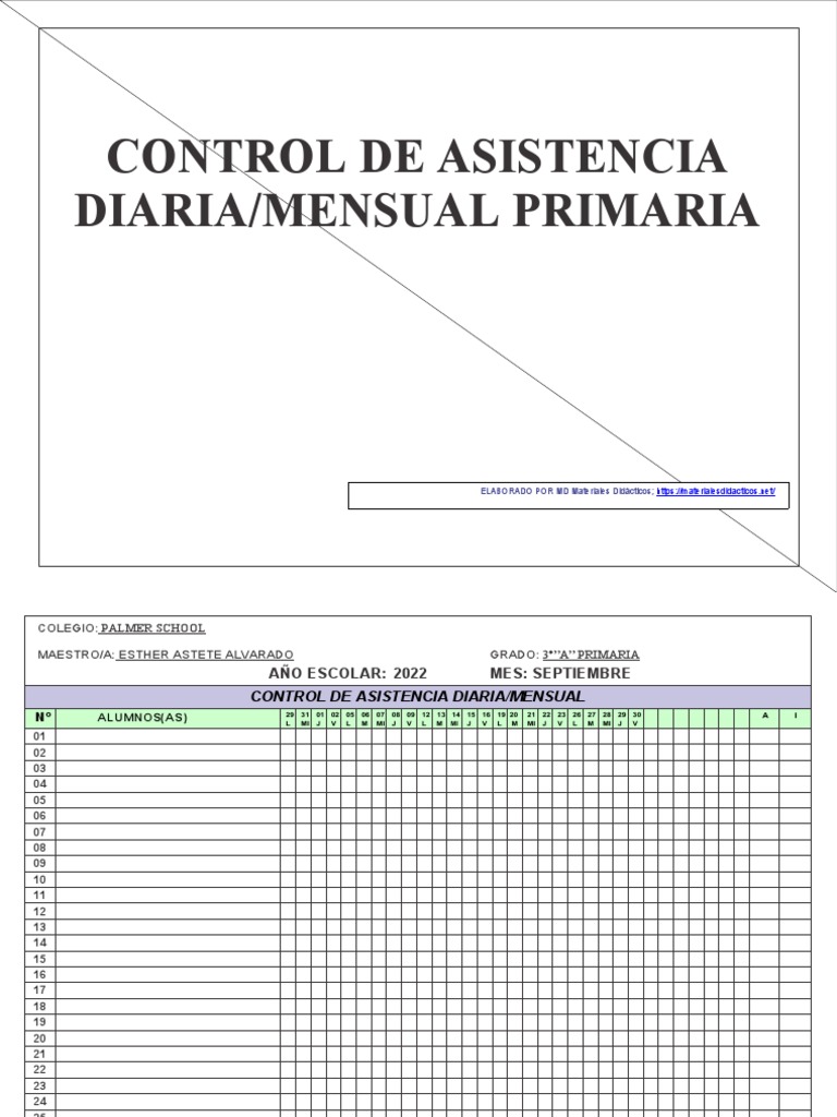 Control de Asistencia Diaria Mensual Primaria Modelo 1 | PDF