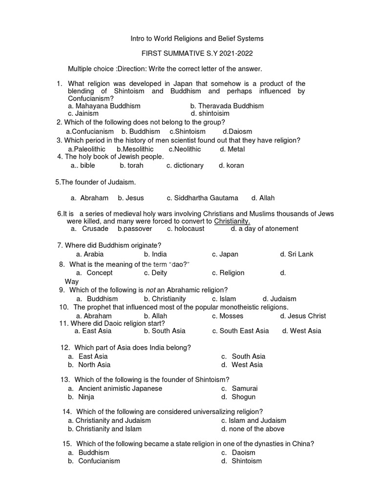 Overview of World Religions Quiz | PDF | God | Abrahamic Religions