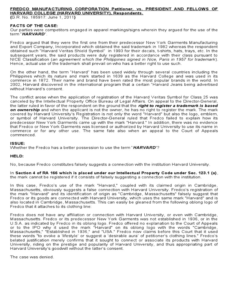 Fredco vs. President and Fellows of Harvard College (Harvard University