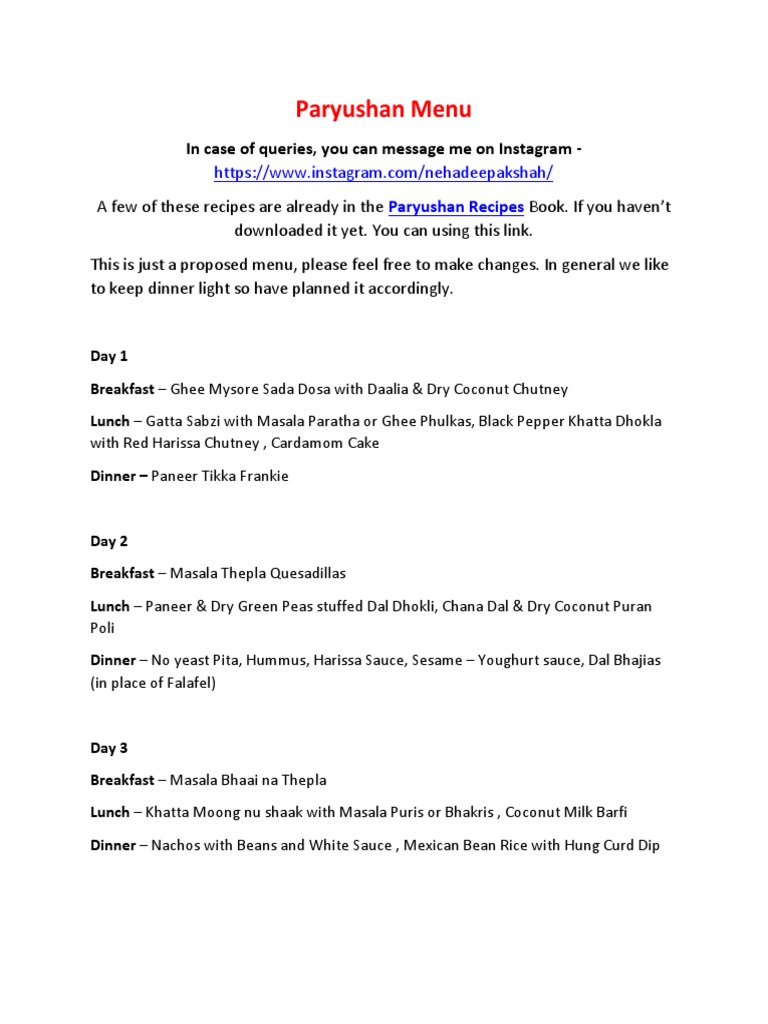 Paryushan Menu by Neha Deepak Shah PDF Desi Cuisine South Asian
