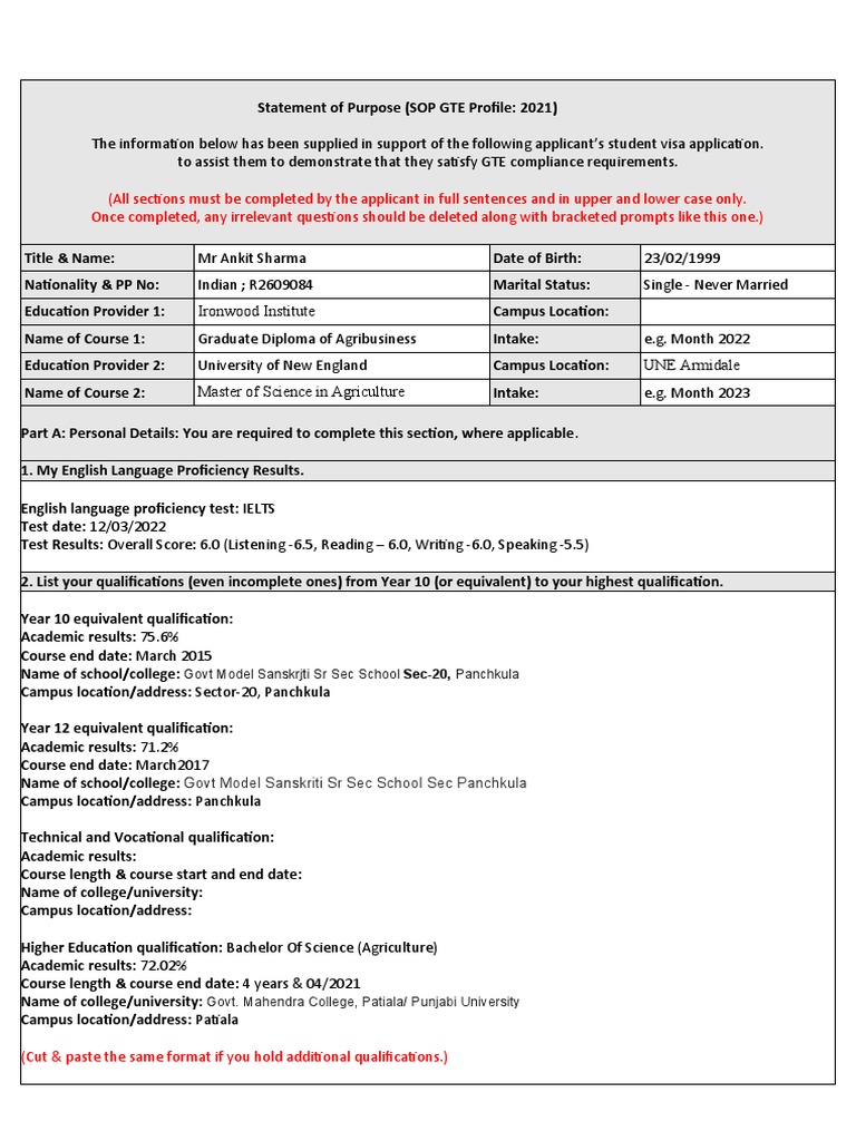 SOP for Australian Student Visa Application | PDF | Cost Of Living ...
