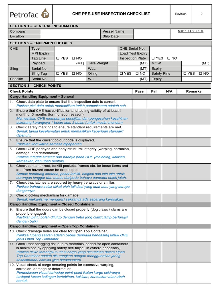 CHE Pre-Use Inspection Checklist | PDF | Manufactured Goods | Transport