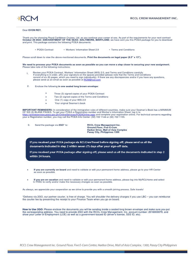 POEA Contract for RCCL Seafarers | PDF | Overtime | Business