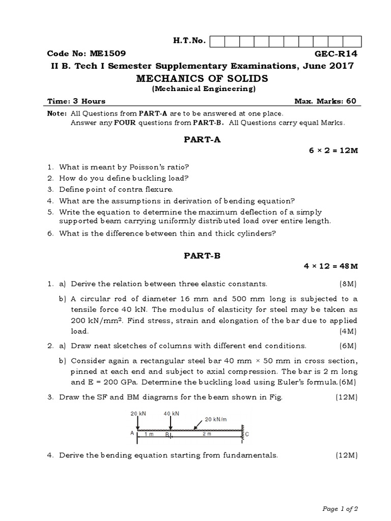 Mechanics of Solids GECR14 II B. Tech I Semester Supplementary