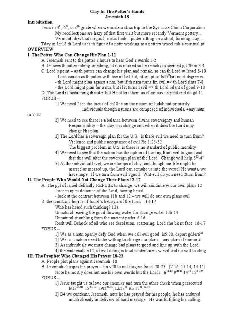 Clay in The Potter's Hands Jeremiah 18 TH TH TH PDF Pottery