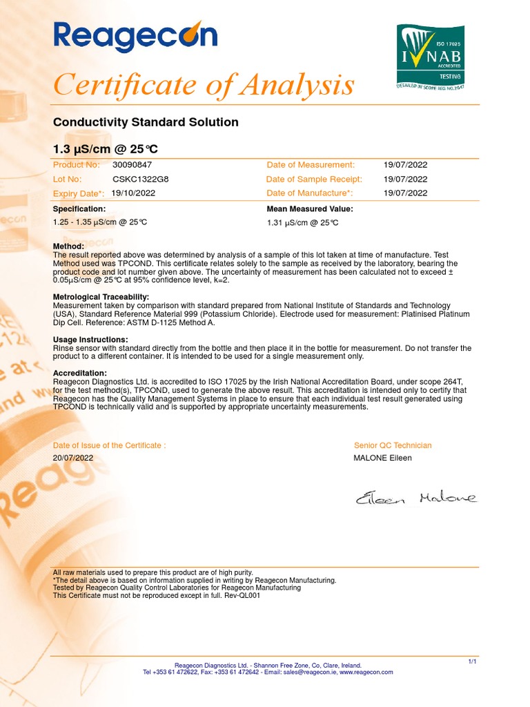 Certificate of Analysis: 1.3 S/cm Standard | PDF | Science | Metrology