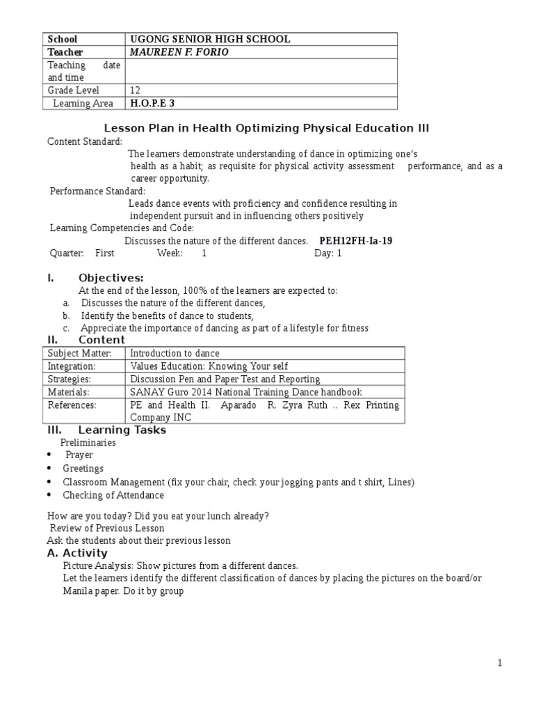 H.O.P.E. 3: Dance Lesson Plan Q1 | PDF | Dances | Learning
