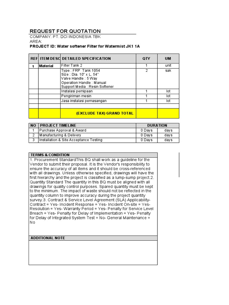 Request For Quotation PROJECT ID Water Softener Filter For Watermist