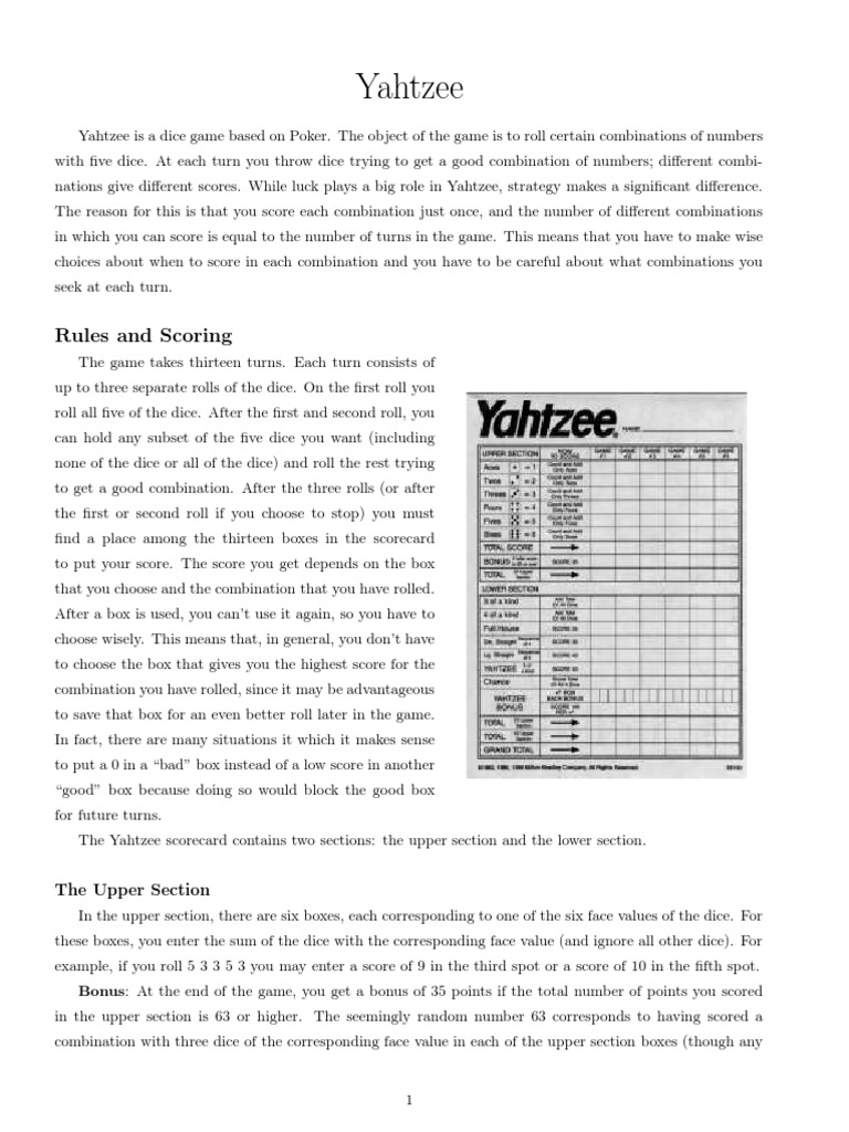 Yahtzee Rules and Scoring PDF Mathematics