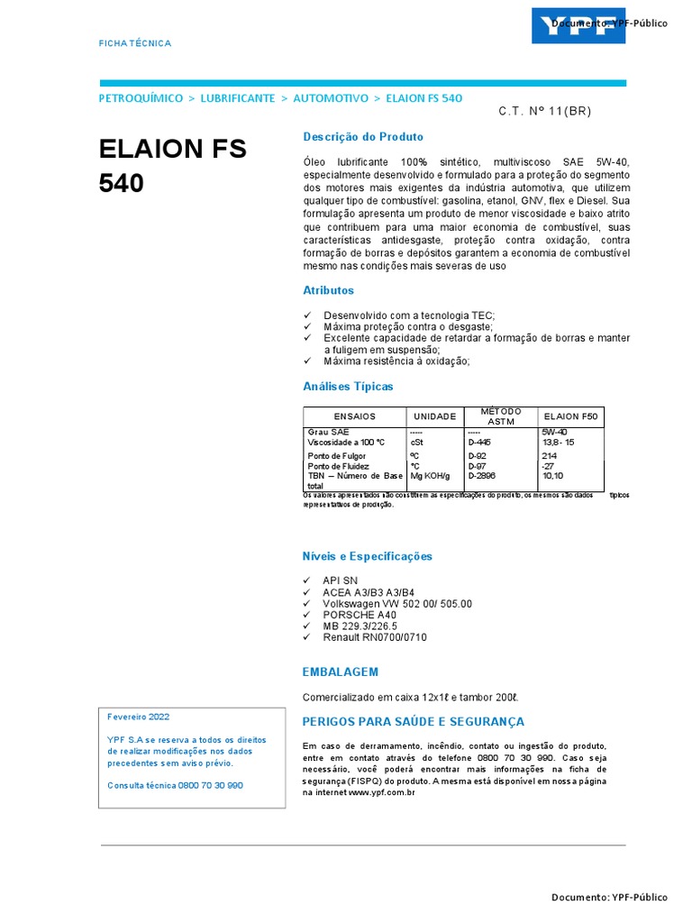 Óleo Lubrificante ELAION FS 540 | PDF | Óleo de motor | Química